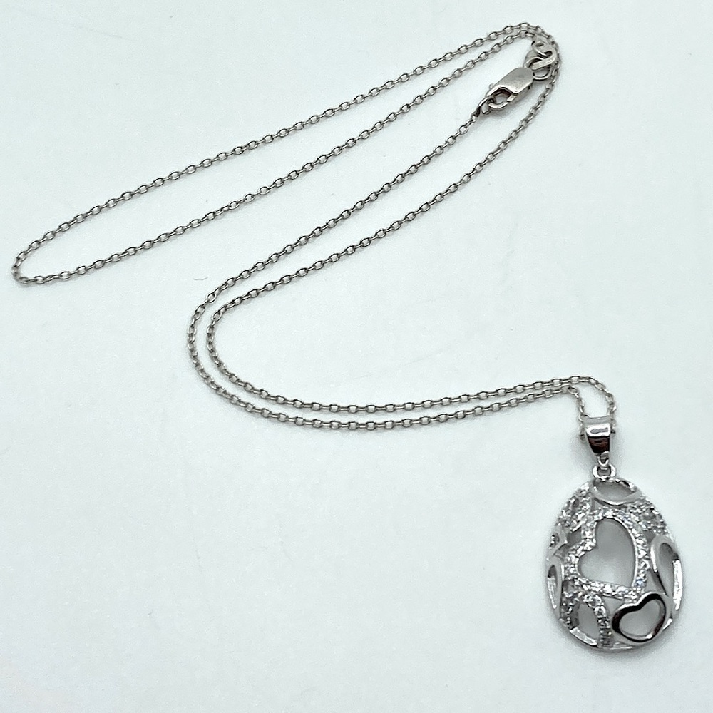 Sterling Silver & Cz Heart Egg Shaped Pendant w Chain / 16” + 1” Pendant